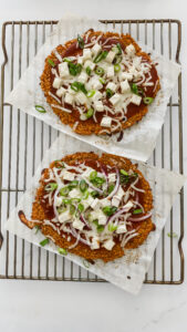 tofu pizza on cooling rack