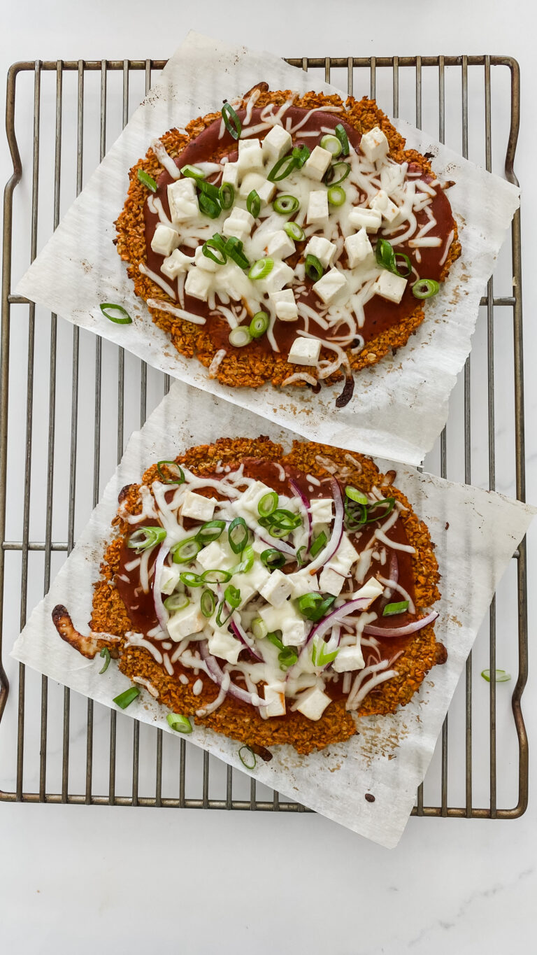 tofu pizza on cooling rack
